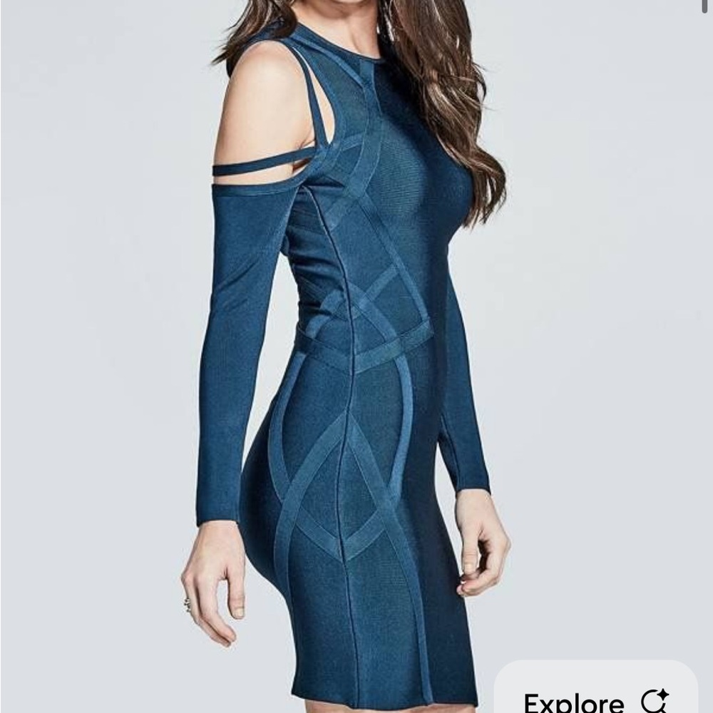 Marciano Teal Blue Cold-Shoulder Bodycon Mini Dress